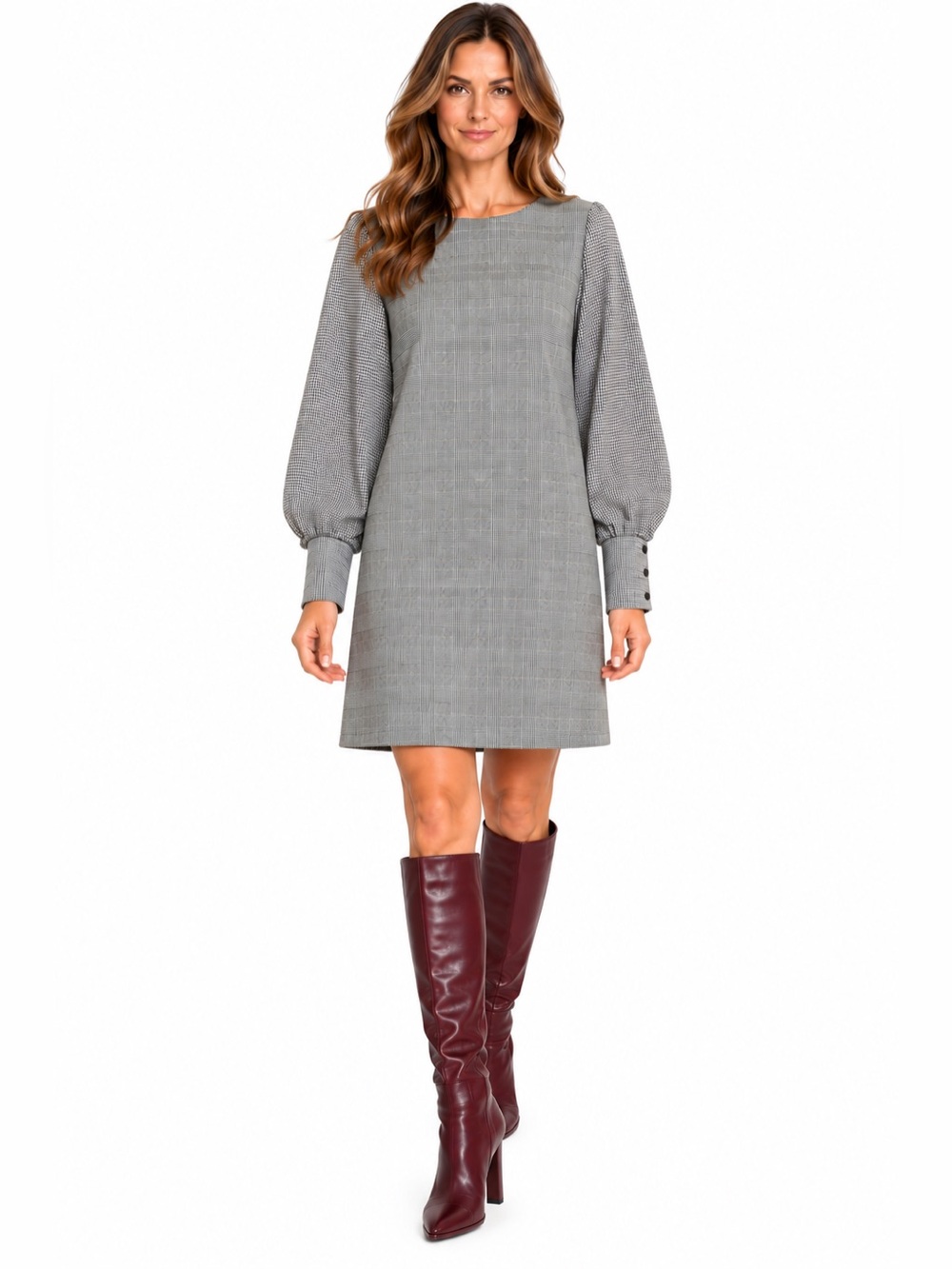 BCBGMAXAZRIA Mixed Plaid Balloon Sleeve Shift Dress Gray Black Size L